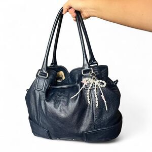 Cole Haan Navy Blue Pebbled Leather Bucket Tote Bag